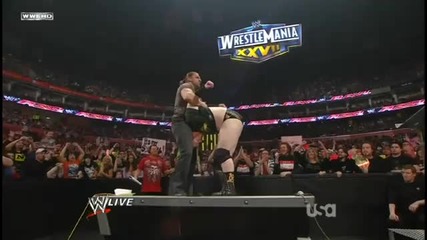 Triple H's Pedigree on King Sheamus into the Announcer Table
