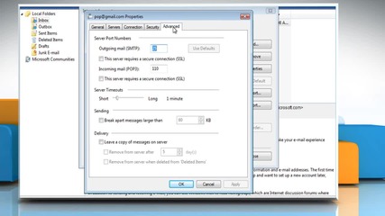 How to enable a secure connection to the e-mail server in Windows® Mail on Windows® Vista-based Pc