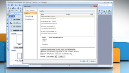 Microsoft® Publisher 2007: How to view or change add-in security settings on Windows® 7?