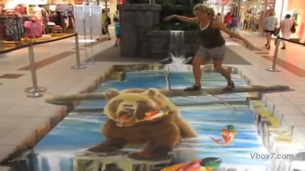 Реалистична рисунка на тротоара » 3 D водопад с мечка