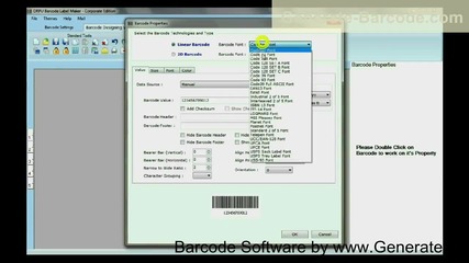 Generate barcode label using linear and 2d barcode fonts