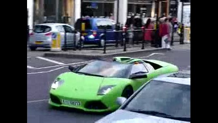 Chrome and Green Lamborghini Murcielago Lp640 Roadsters driving around london