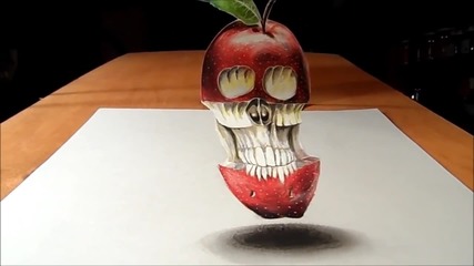 Anamorphic Illusion, Drawing Levitating 3d Apple Skull, Time Lapse