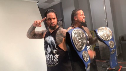The Usos pose for a photoshoot with the SmackDown Tag Team Titles: WWE.com Exclusive, Feb. 19, 2019