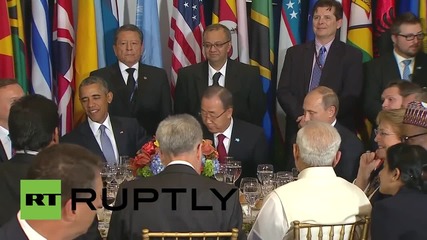 UN: Putin, Obama and Ban Ki-moon relax at lunch after addressing UNGA