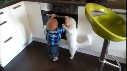 Котка не дава на бебе да си играе с горяща печка
