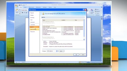 Microsoft® Word 2007: How to turn off or manage installed add-ins on Windows® Xp?