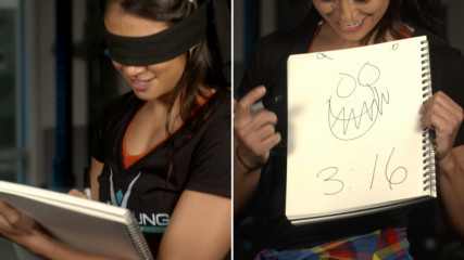 Blindfolded drawing challenge with Mae Young Classic competitors
