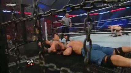 Randy Orton hits a Rko on John Cena on the Steel