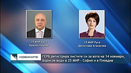 ГЕРБ регистрира листите си за вота на 14 ноември, Борисов води в 25 МИР - София и в Пловдив