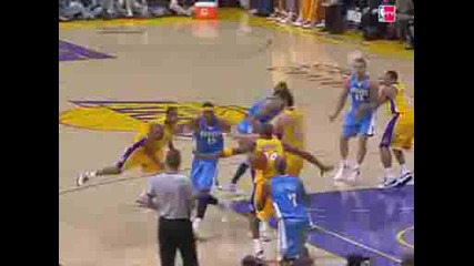 Chauncey Billups Throws the Inbound Pass Off of Kobe Bryants Back