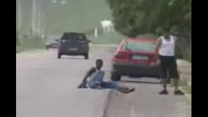Drunk Guy fighting with a bike on his way to work.avi
