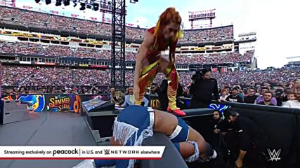 Becky Lynch delivers a monumental leg drop to Bianca Belair on the barricade: SummerSlam 2022 (WWE Network Exclusive)