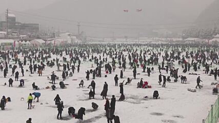 Хиляди ентусиасти ловиха риба в замръзнало езеро в Южна Корея (ВИДЕО)