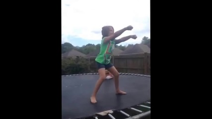 Little girl epic back handspring fail on trampoline