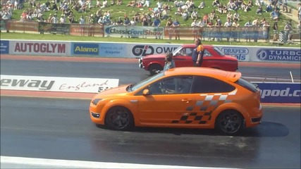 Mk1 Ford Escort and Ford Focus at Santa Pod Raceway