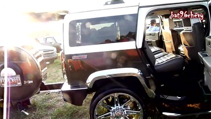 Green White Hummer H2 on 28`s pulling a Harley Davidson Motorcycle - Hd