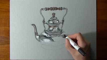 Страхотна реалистична рисунка на сребърен чайник!