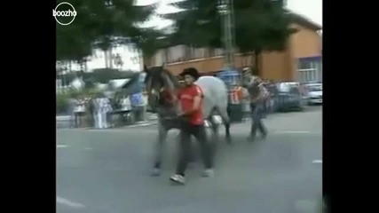 Ужас!!! Кон рита човек в лицето!!! 