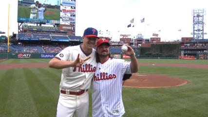 AJ Styles throws out the first pitch at the Philadelphia Phillies game before WWE Battleground