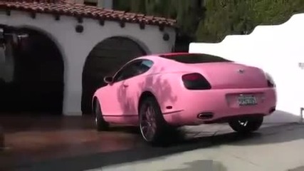 Paris Hilton rides her all pink bentley in Beverly hills with her favorite chihuahua