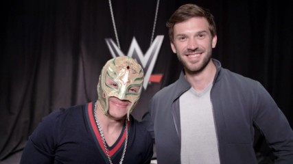 Rey Mysterio gets ready to race with NASCAR's Daniel Suarez
