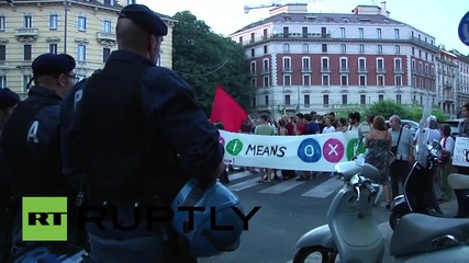 Italy: Anti-austerity protesters rally in solidarity with Greece in front of Milan EP offices