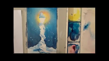 Коледна картичка с акварел - стълб на лампа