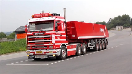 Henning Sejer Pedersen Aps - Scania 143h 420 (straight pipe) with tiptrailer passed by