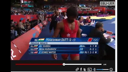 2012 Olympic Games- Freestyle Wrestling, Repechage 60 kg,y. Dutt (ind) vs E. Poorjouybar (iri)