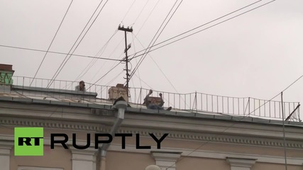 Russia: Daredevil climbs across St. Petesburg street hanging onto telephone wire