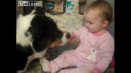 Сладко бебе споделя зърнената си закуска с куче