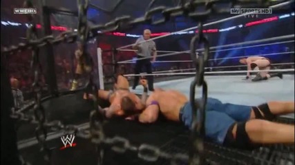 Randy Orton hits a Rko on John Cena on the Steel