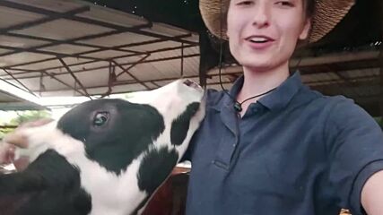 Крава си направи селфи със своята собственичка (ВИДЕО)