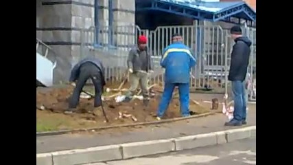Смях- Трима работника работят с една лопата.