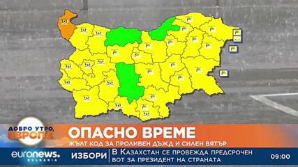 Опасно време: Жълт код за проливен дъжд и силен вятър