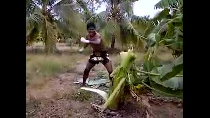 Тайлндец прави kick и чупи жилаво дърво (банан)
