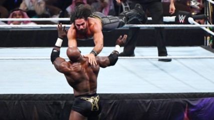 Seth Rollins takes down Bobby Lashley with two flying leaps from the ring: WWE Crown Jewel 2018 (WWE Network Exclusive)