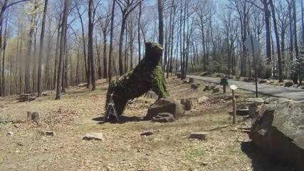 Човек прави скулптура на мечка само от естествени материали