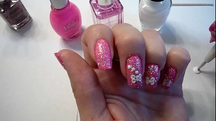 Hot Pink, Mega Sparkles, White Bow Ties Nail Art Design