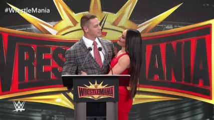 John Cena calls Nikki Bella to the podium during WrestleMania 35 press conference