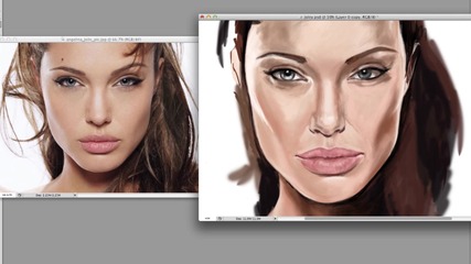 Рисуване портрет на Анджелина Джоли на забързан кадър