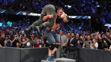 Watch up-close footage of John Cena's devastating Attitude Adjustment to Baron Corbin: WWE.com Exclusive, Aug. 6, 2017
