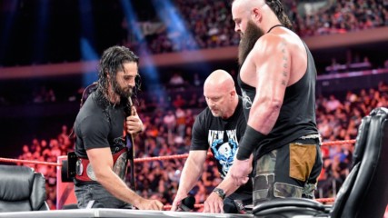 “Stone Cold” Steve Austin moderates Seth Rollins vs. Braun Strowman Universal Title Match contract signing: Raw, Sep