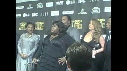 Gabourey Sidibe, Mariah Carey and Lee Daniels Backstage at the Spirit Awards 