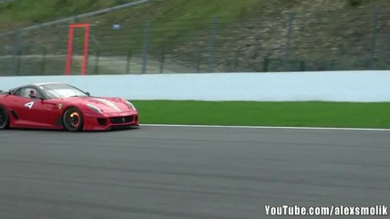 Ferrari 599xx glowing brake disc +downshifts !!!