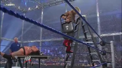 Diving Elbow Drop with a Chair off a Ladder into a Table