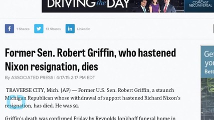 Former Sen. Griffin, Who Hastened Nixon Resignation, Dies