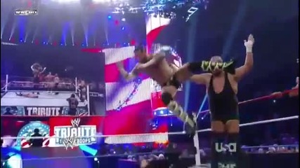 Cm Punk elbow drop from Big Show s shoulders on The Miz (tribute to the Troops 2011)