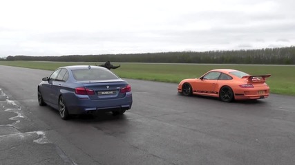 Bmw F10 M5 vs Porsche 997 Gt3 Rs with Akrapovic Exhaust Drag In The Rain!